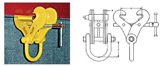 Model: Swivel Jaw Adjustable Girder Clamp One piece adjustable design Used for lifting, pulling as an anchor point Added benefit of horizontal jaw adjustment Full length / width of swivel jaw anchors on flange Integrated lifting shackle Positive Grip left / right threaded adjusting bar For use at up to 15° from vertical Approved for Personnel tie-off use (contact your Lifting Specialist for additional information) Diagram