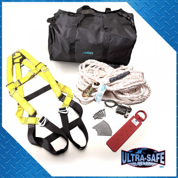 Roof Anchor Kit with Full Body Harness, Lifeline, Lanyard, Rope Grab, Roof Anchor and Bag