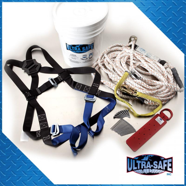 Economy Roof Anchor Kit with Lifeline Assembly with Lanyard and Rope Grab Shock Pack Attached, Roof Anchor and Bucket