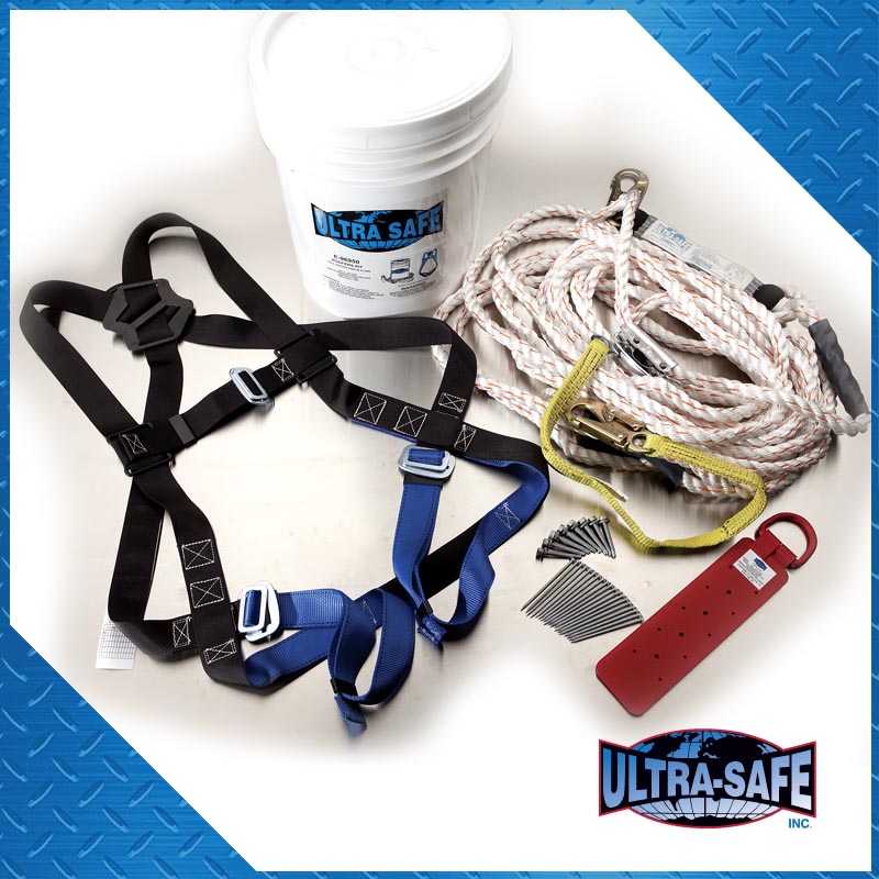 Economy Roof Anchor Kit with Lifeline Assembly with Lanyard and Rope Grab Shock Pack Attached, Roof Anchor and Bucket