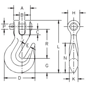 Dimensioned line drawings of a clevis grab hook shown in two orientations