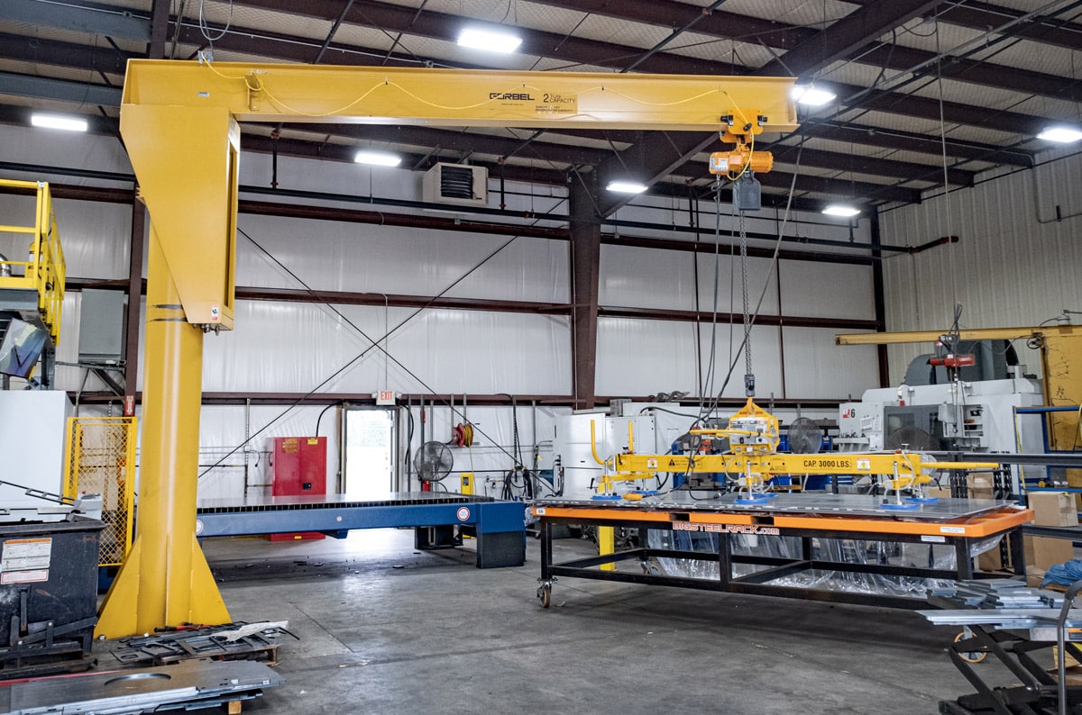 How Fixing a Plasma Rope Supply Chain Issue Made Skylift More Efficient - Mazzella Jib Crane Solution for Laser Table Metals Transport