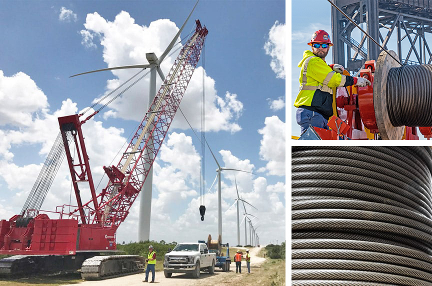 Red crane working on wind turbine installation; worker at control panel; close-up of coiled wire rope