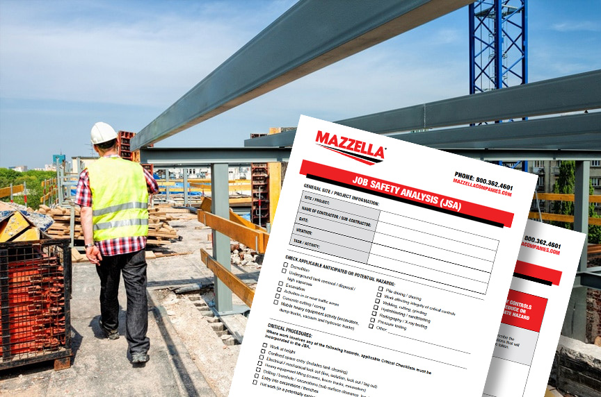 Worker in hard hat and vest on construction site with steel beams and a job safety analysis form overlay