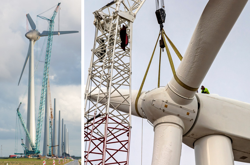 Onshore Wind Turbines Under Construction with Cranes and Synthetic Web Slings