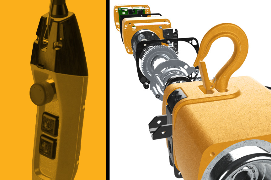 Exploded View and Controls for Harrington EM-SEM Mini Electric Chain Hoists