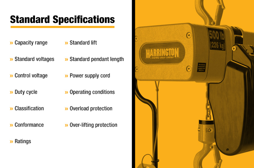 Standard Specifications for Harrington EM-SEM Mini Electric Chain Hoists