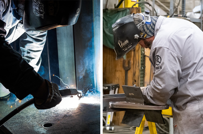 Below-the-hook items being fabricated in a metal shop