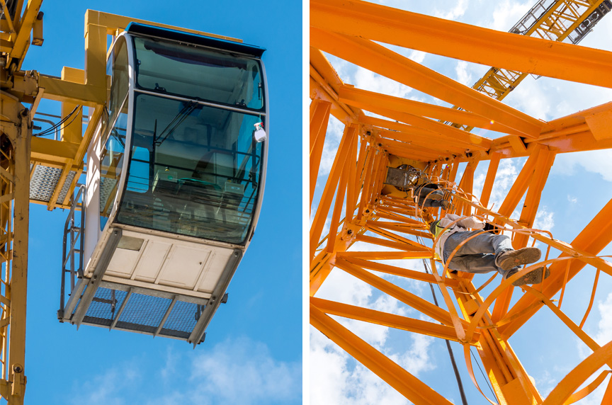 Tower crane operator ascends to the crane controls cab