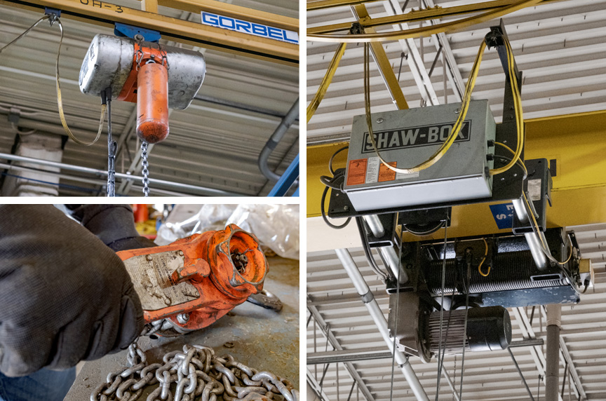 Manual chain lever hoist, chain hoist attached to workstation crane, and a Shaw-Box hoist attached to overhead bridge crane.