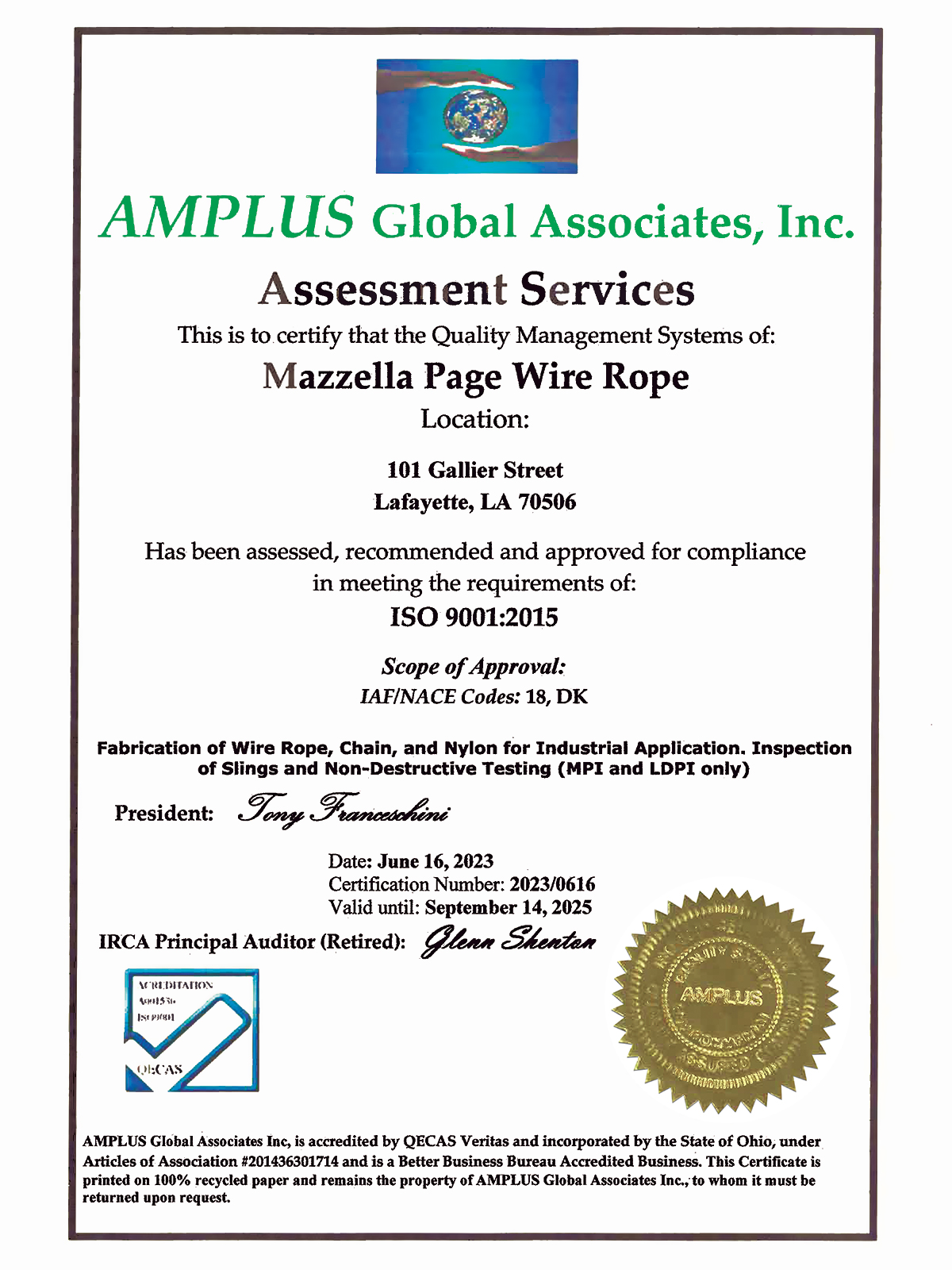 Mazzella Page Wire Rope ISO Certification