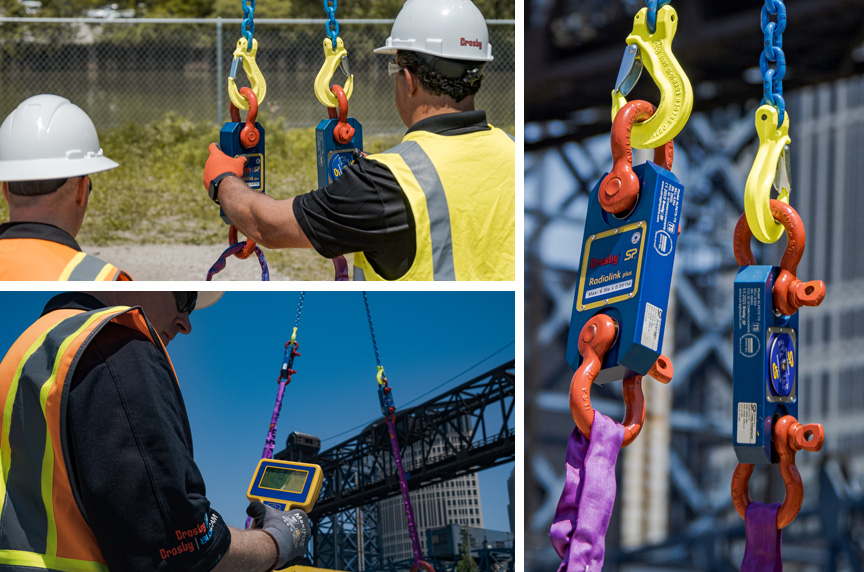 Crosby Straightpoint Radiolink Plus Load Cell Being Rigged to Load and Sending Signal to Handheld Device