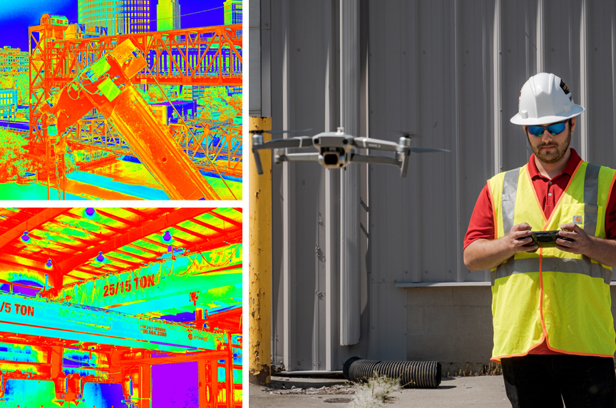 Inspector Using a Drone to Inspect Different Overhead Cranes