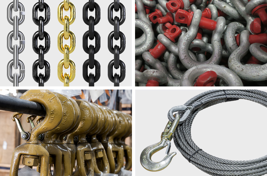 Rigging items featuring alloy steel chain, shackles, hooks, and winch lines