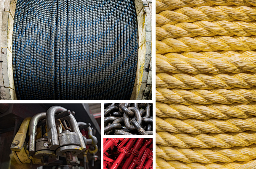 Wire rope, synthetic rope, swivel hoist rings, alloy steel chain, and load securement binders