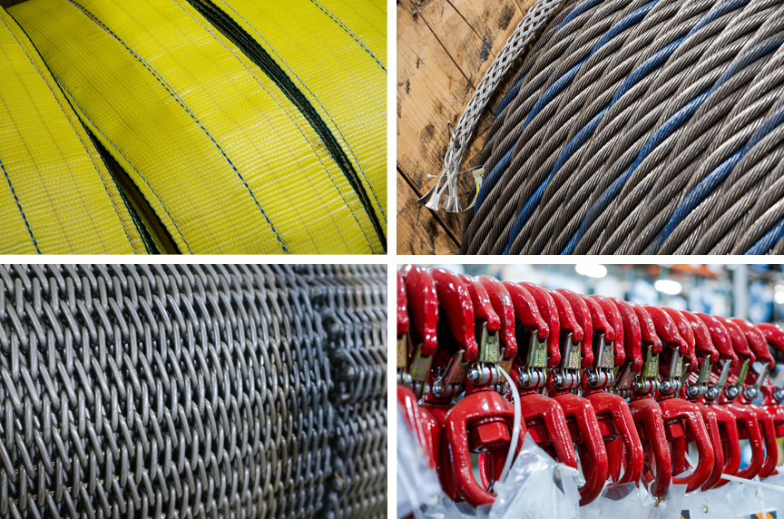 Rigging items such as synthetic web slings, wire rope, metal mesh, and lifting hooks