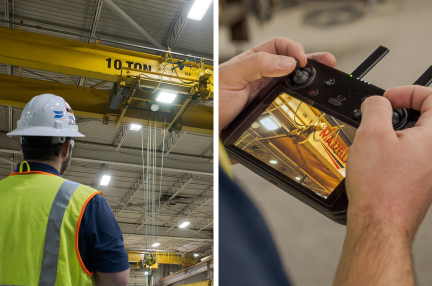 Crane Inspector Uses Drone To Inspect Hoist on Overhead Double-Girder Bridge Crane