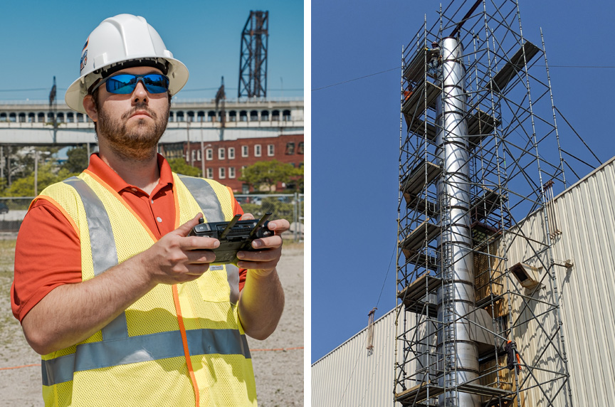 Drone operator using drone to inspect cooling tower at a factory