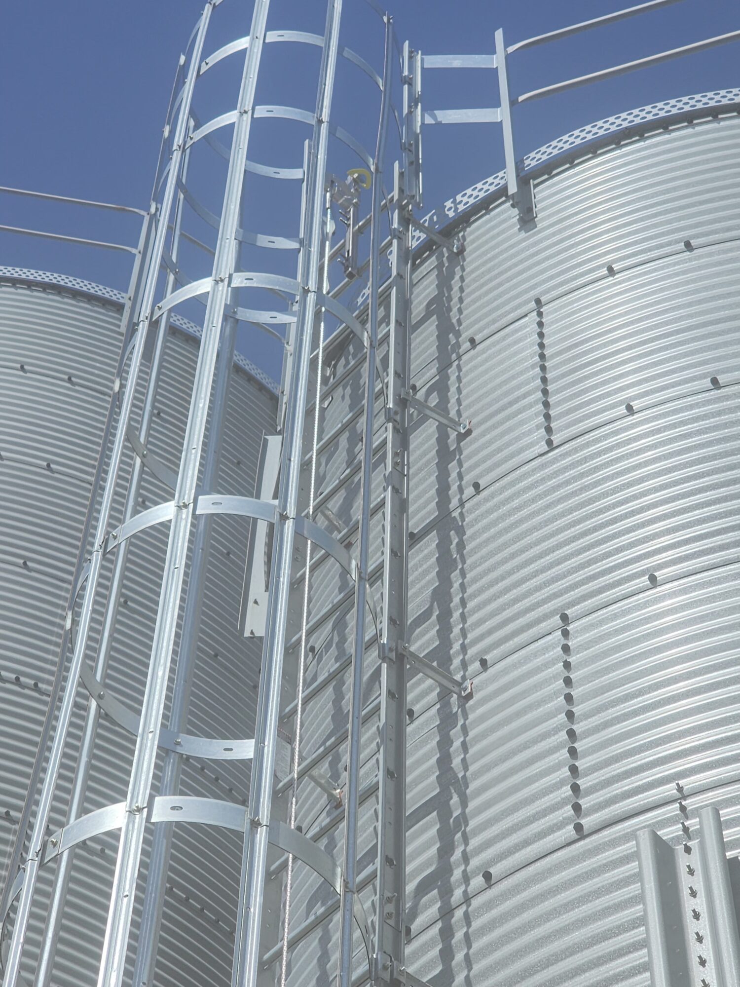While this ladder has a vertical lifeline system, the company will still need to remove the ladder cage.