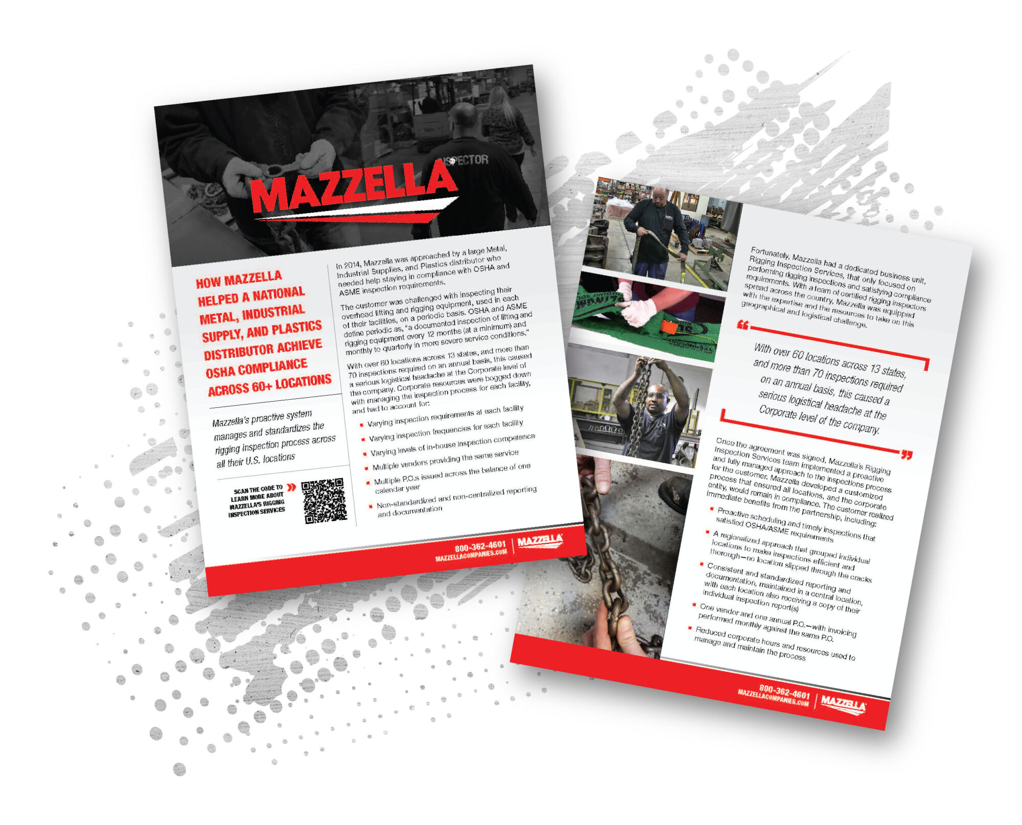 Two-page brochure showing a multi-location rigging inspection case study with photos of rigging inspections and damaged rigging gear