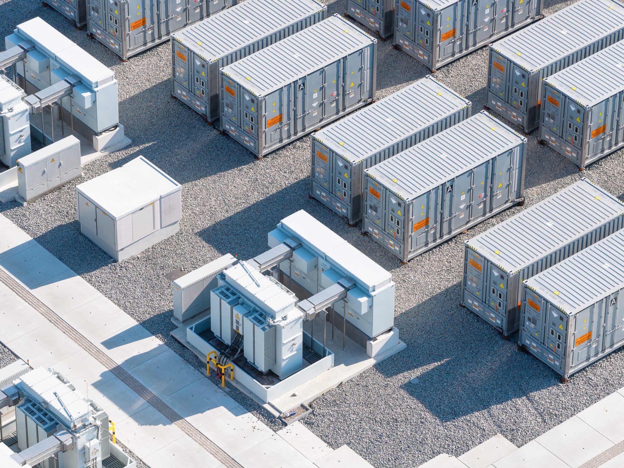 Aerial view of industrial energy modules. 